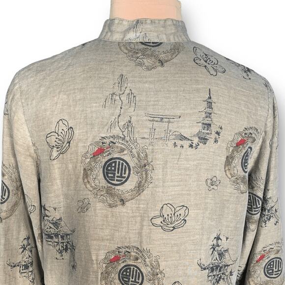 Vintage 90s Citron Santa Monica Linen Tunic Dragon Print Beige Red Asian Top - Picture 6 of 11